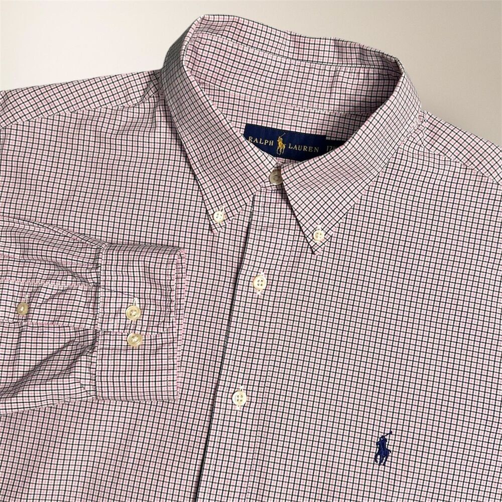 Ralph Lauren Men's 17 1/2‎ Pink Black Check Cotton Long Sleeve Button Down Shirt